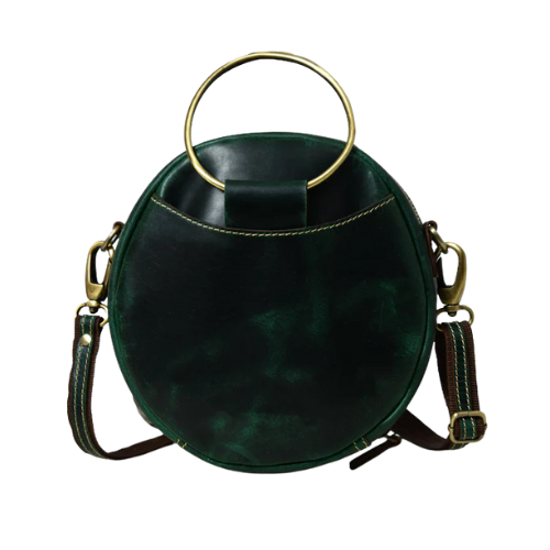 Vintage Green Leather Circular Crossbody Bag
