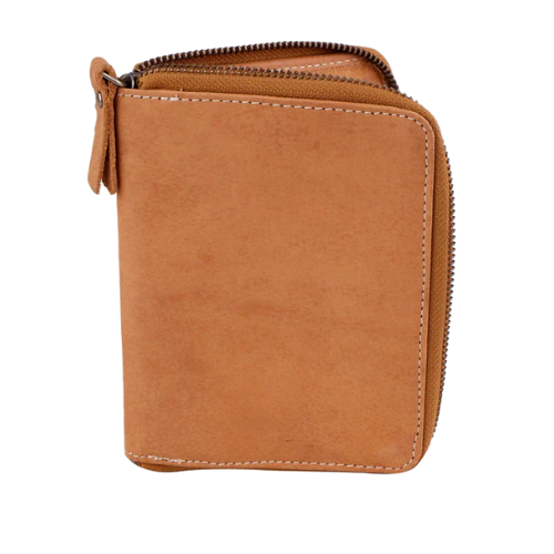 Compact Tan Leather Zipper Wallet