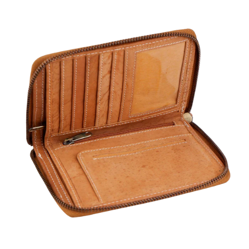 Compact Tan Leather Zipper Wallet