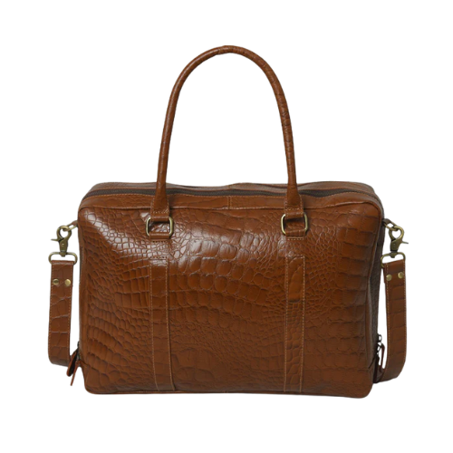 Croc-Embossed Brown Leather Tote Bag