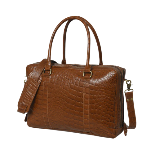 Croc-Embossed Brown Leather Tote Bag