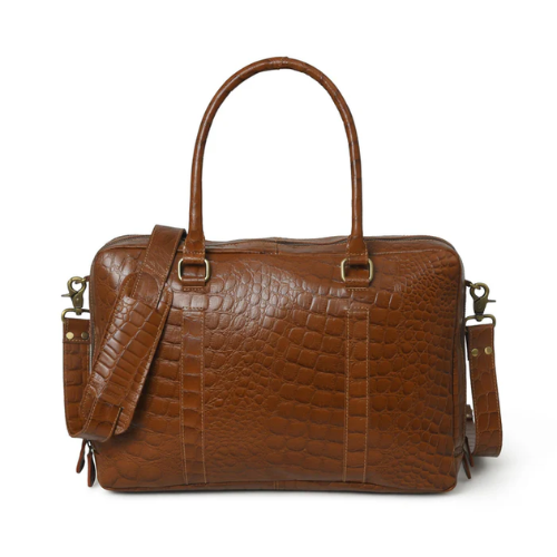 Croc-Embossed Brown Leather Tote Bag