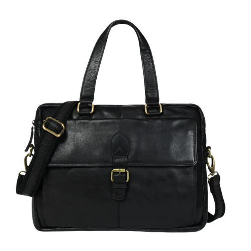 Classic Black Leather Laptop Tote Bag